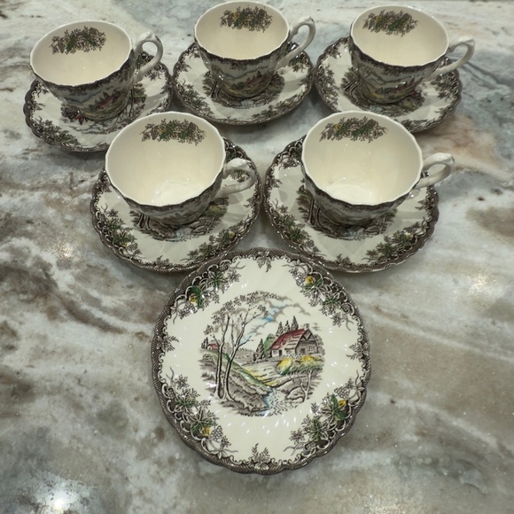 13 piece Staffordshire England Myott The Brook 5 Cup And Saucer Sets 3 Saucers - Picture 2 of 10